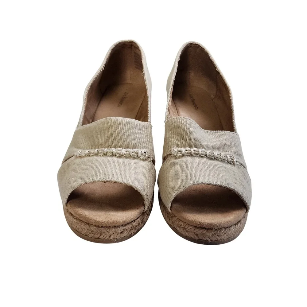 GH Bass & Co Womens Andi Wedge‎ Espadrilles Size 10 Beige Canvas Peep Toe Summer